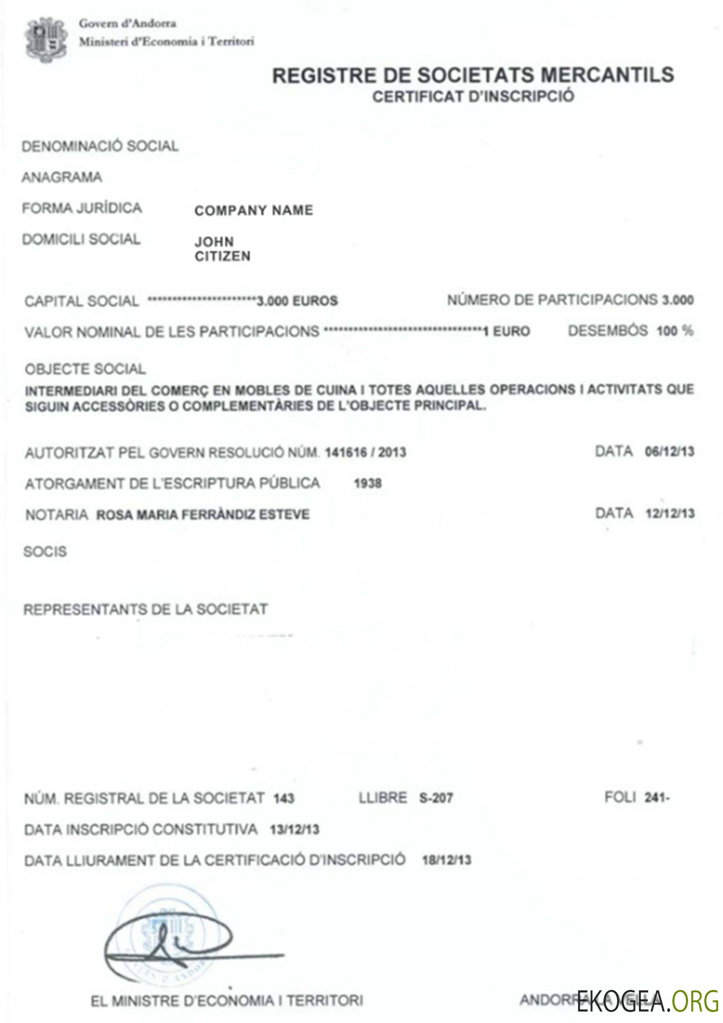 Certificat d'enregistrement d'entreprise en Andorre